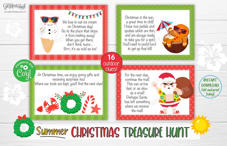 Pu&ograve; includere: Un set di 16 carte colorate per la caccia al tesoro di Natale con illustrazioni di un pupazzo di neve, un granchio, una ghirlanda, una canna di zucchero, una stella marina, una bicicletta, un uomo di pan di zenzero e Babbo Natale. Le carte hanno il testo "Summer Christmas Treasure Hunt" e "16 indizi all'aperto!"