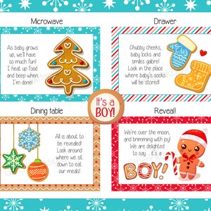 May include: A set of four gingerbread-themed cards with a blue background and white stars. Each card has a different phrase and image related to a room in a house. The phrases are: "Microwave", "Dining Table", "Drawer", and "Reveal".