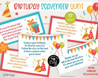 Birthday scavenger hunt clue cards / Birthday party treasure hunt for kids / Printable Birthday party games - indoor outdoor activity
