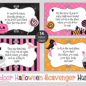 May include: Four printable cards with instructions for an indoor Halloween scavenger hunt. The cards are pink, black, orange, and white with black and white illustrations of a ghost, a bat, a crow, a pumpkin, candy, and a bottle of potion. The text on the cards reads: "Go and look where friendly ghosts go, to sit down and watch their favorite show!"  "They say that bats only come out at night. Search where you sleep, and see if they're right!"  "It's the time of year to enjoy Halloween treats! Have a look in the place where you sit down to eat!"  "Look in the next place, if you dare! It's where you wash your face, body and hair!"