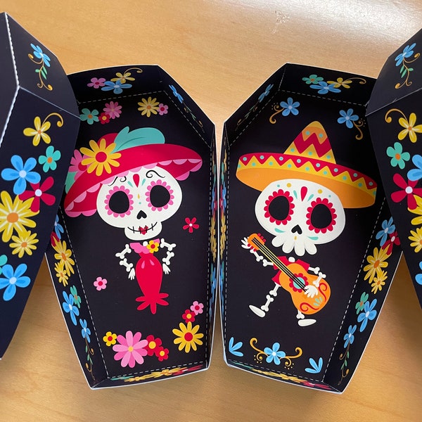 Caja de golosinas de ataúd del Día de Muertos / Favor de fiesta de calavera de azúcar del Día de los Muertos / Esqueleto de Halloween imprimible catrina calavera decoración mexicana