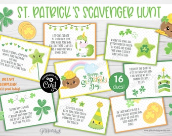 St Patricks Day scavenger hunt for kids / St Patricks Day treasure hunt clues / St. Patrick's Day Unicorn printable party games