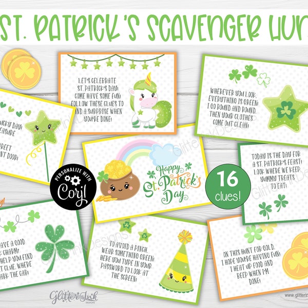 St Patricks Day scavenger hunt for kids / St Patricks Day treasure hunt clues / St. Patrick's Day Unicorn printable party games