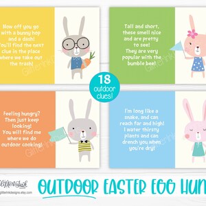 May include: A set of 18 printable Easter egg hunt clues featuring cute bunny illustrations. Each clue card has a different bunny design and a rhyming riddle. The cards are designed for an outdoor Easter egg hunt.