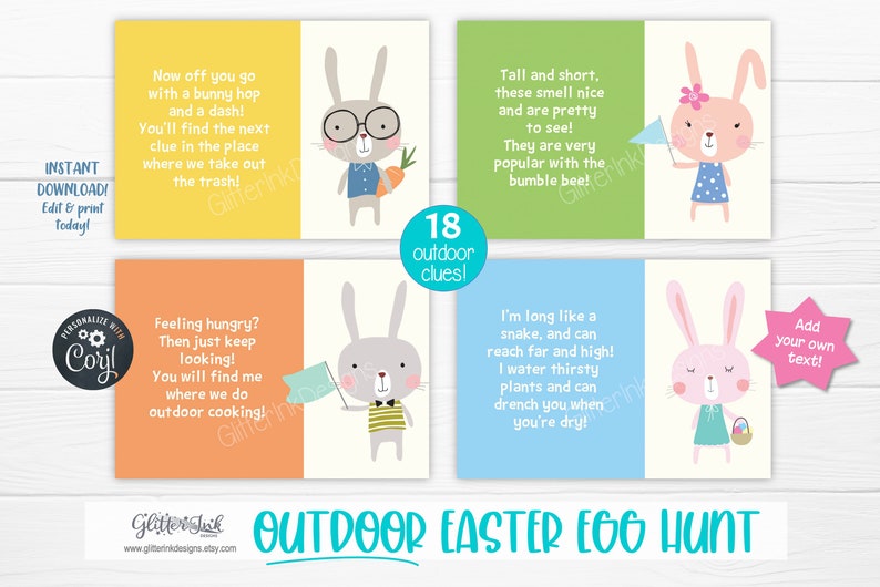 May include: A set of 18 printable Easter egg hunt clues featuring cute bunny illustrations. Each clue card has a different bunny design and a rhyming riddle. The cards are designed for an outdoor Easter egg hunt.