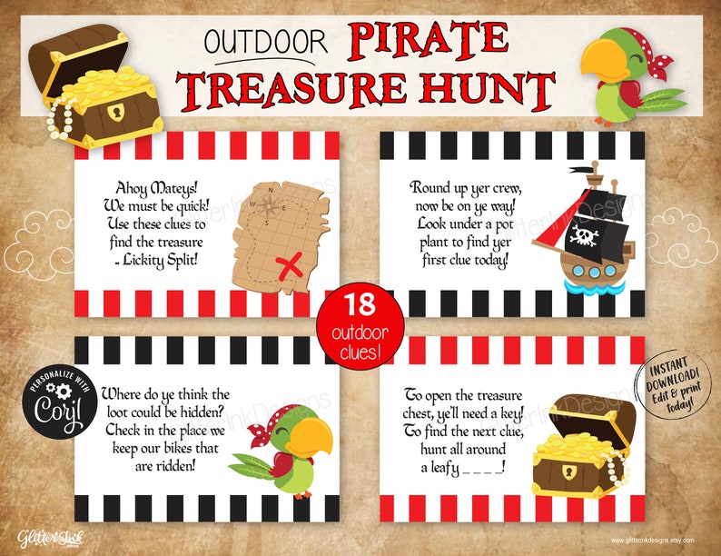 Búsqueda del tesoro al aire libre para niños en el cofre del tesoro pirata, juegos de fiesta de cumpleaños pirata, pistas imprimibles con acertijos que riman, edita con Corjl imagen 3