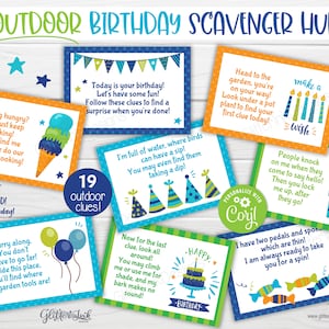 Caça ao tesouro de aniversário ao ar livre / Dicas de caça ao tesouro para crianças / Cartões de dicas de caça ao tesouro para impressão de festa de aniversário para jogos de festa ao ar livre