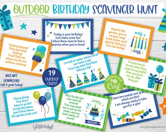 Outdoor Birthday scavenger hunt / Kids treasure hunt clues / Birthday party printable scavenger hunt clue cards for outside party games
