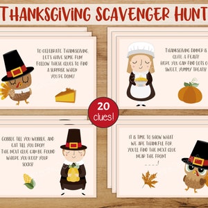 May include: A set of 20 printable Thanksgiving scavenger hunt cards featuring cute pilgrim illustrations and rhyming clues. The cards are perfect for a fun family activity.