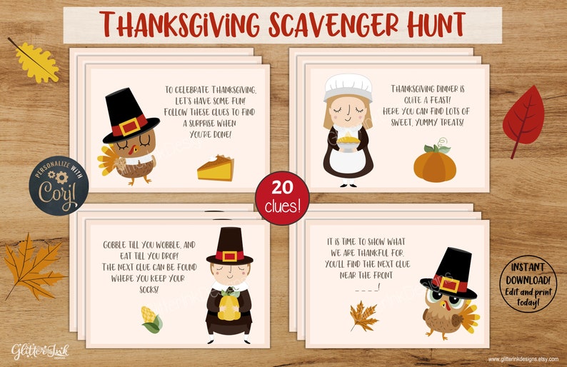 May include: A set of 20 printable Thanksgiving scavenger hunt cards featuring cute pilgrim illustrations and rhyming clues. The cards are perfect for a fun family activity.
