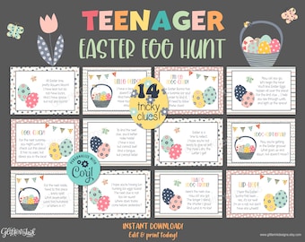 Teens Easter scavenger hunt tricky clues / Teenagers tween older kids treasure hunt clues / Printable Easter egg hunt game difficult riddles