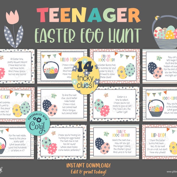 Teens Easter scavenger hunt tricky clues / Teenagers tween older kids treasure hunt clues / Printable Easter egg hunt game difficult riddles