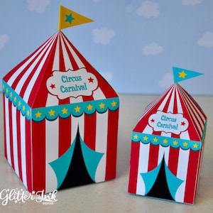 Circus Carnival tent cupcake birthday favor box, Baby Shower printable party favors, Customizable papercraft memento keepsake treat boxes