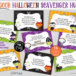 May include: A set of 15 printable Halloween scavenger hunt cards featuring cute cartoon characters such as a ghost, a vampire, a witch, a skeleton, and a monster. The cards are decorated with a green, purple, and orange colour scheme and have a spiderweb design. The text on the cards includes phrases such as "Happy Halloween!" and "Double, double, toil and trouble".