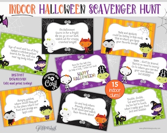 Indoor Halloween scavenger hunt clue cards / Kids Halloween treasure hunt clues / Printable Halloween party games download edit with Corjl