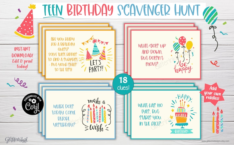 Op de afbeelding: Een set van 18 kleurrijke kaarten met raadsels voor een verstoppertje-spel voor een tienerverjaardag. De kaarten bevatten illustraties van verjaardagshoedjes, ballonnen, kaarsen en taart. De tekst op de kaarten bevat zinnen als "Let's Party!" en "Make a Wish".