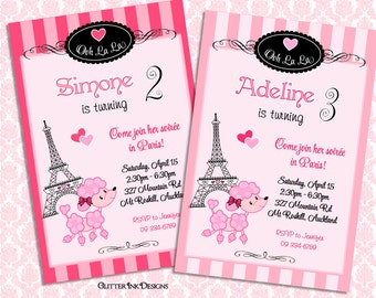 Paris Party Pink Poodle invitation - editable, printable Paris birthday invite in pdf and jpg featuring poodle in Paris with Eiffel Tower