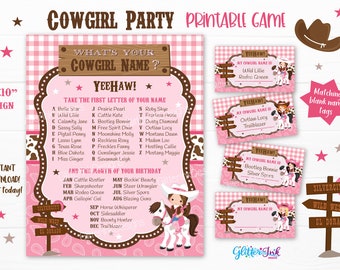 What's your Cowgirl name printable party game / Wild West party sign with name tags and foldable name cards / Rodeo birthday name generator