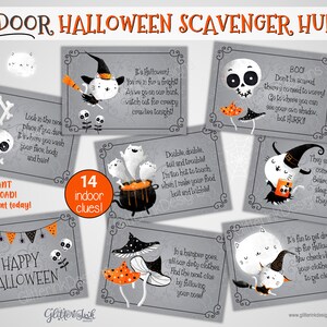 May include: A set of 14 printable Halloween scavenger hunt cards featuring cute illustrations of ghosts, witches, and skulls. The cards have a gray background with black borders and text that says "Indoor Halloween Scavenger Hunt" and "14 indoor clues!"