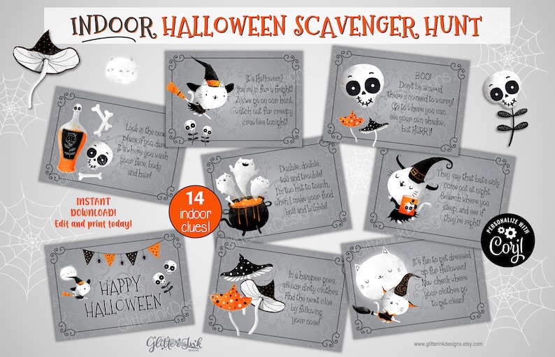 May include: A set of 14 printable Halloween scavenger hunt cards featuring cute illustrations of ghosts, witches, and skulls. The cards have a gray background with black borders and text that says "Indoor Halloween Scavenger Hunt" and "14 indoor clues!"