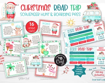 Christmas surprise road trip reveal scavenger hunt boarding pass / Family vacation kids treasure hunt clues Secret Santa printable tickets