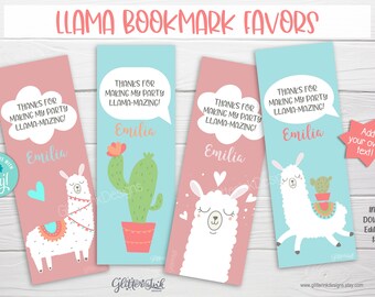 May include: Four printable llama bookmark favors with a pink and blue color scheme. The bookmarks feature a llama with a saddle, a cactus, and the text "Thanks for making my party llama-mazing!" and "Emilia".