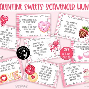 May include: Twenty pink and white cards with black outlines and various Valentine's Day themed illustrations. The cards have text that reads "Valentine Sweets Scavenger Hunt" and includes clues for a scavenger hunt.