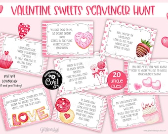 Valentine's Day scavenger hunt clue cards / Valentines Day treasure hunt clues / Valentine sweets / Valentines games