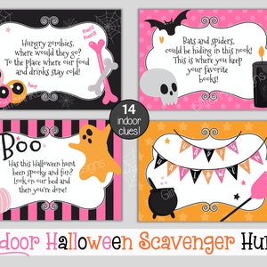 May include: Printable Halloween scavenger hunt game with 14 clues. The clues are written on pink and black cards with cute Halloween illustrations. The cards feature a ghost, a skull, a cauldron, a bat, a spider, a pumpkin, and a candle.