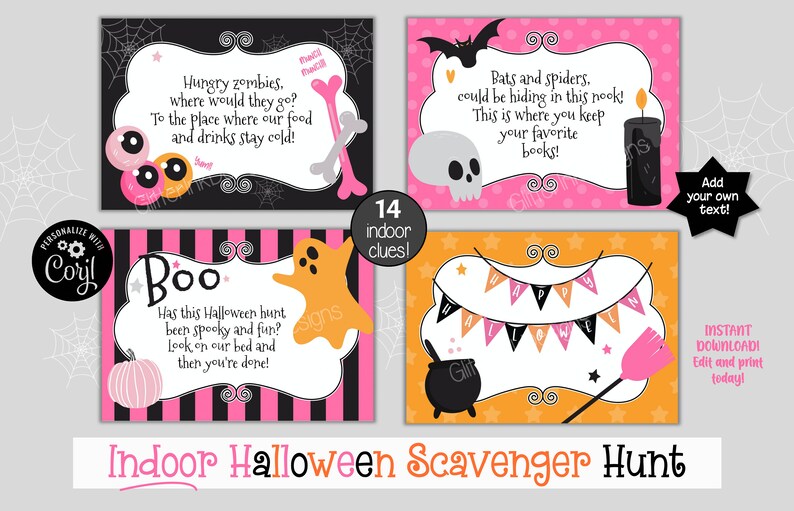 May include: Printable Halloween scavenger hunt game with 14 clues. The clues are written on pink and black cards with cute Halloween illustrations. The cards feature a ghost, a skull, a cauldron, a bat, a spider, a pumpkin, and a candle.