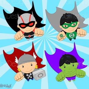 May include: Four cartoon superheroes flying in front of a blue and white striped background. The superheroes are wearing capes and masks. The superheroes are Green Lantern, Thor, Hulk, and Nightwing.