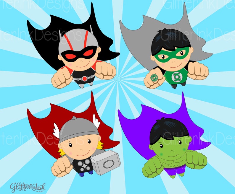 May include: Four cartoon superheroes flying in front of a blue and white striped background. The superheroes are wearing capes and masks. The superheroes are Green Lantern, Thor, Hulk, and Nightwing.