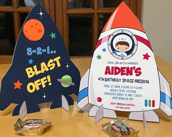 Outer space party printable invitation / Astronaut birthday freestanding rocket invitation / Galaxy party standee spaceship editable invite