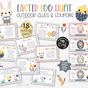 Caccia al tesoro di Pasqua all'aperto e Bunny Bucks / Caccia alle uova di Pasqua per bambini / Indizi e coupon stampabili per la caccia al tesoro di Pasqua, giochi da giardino