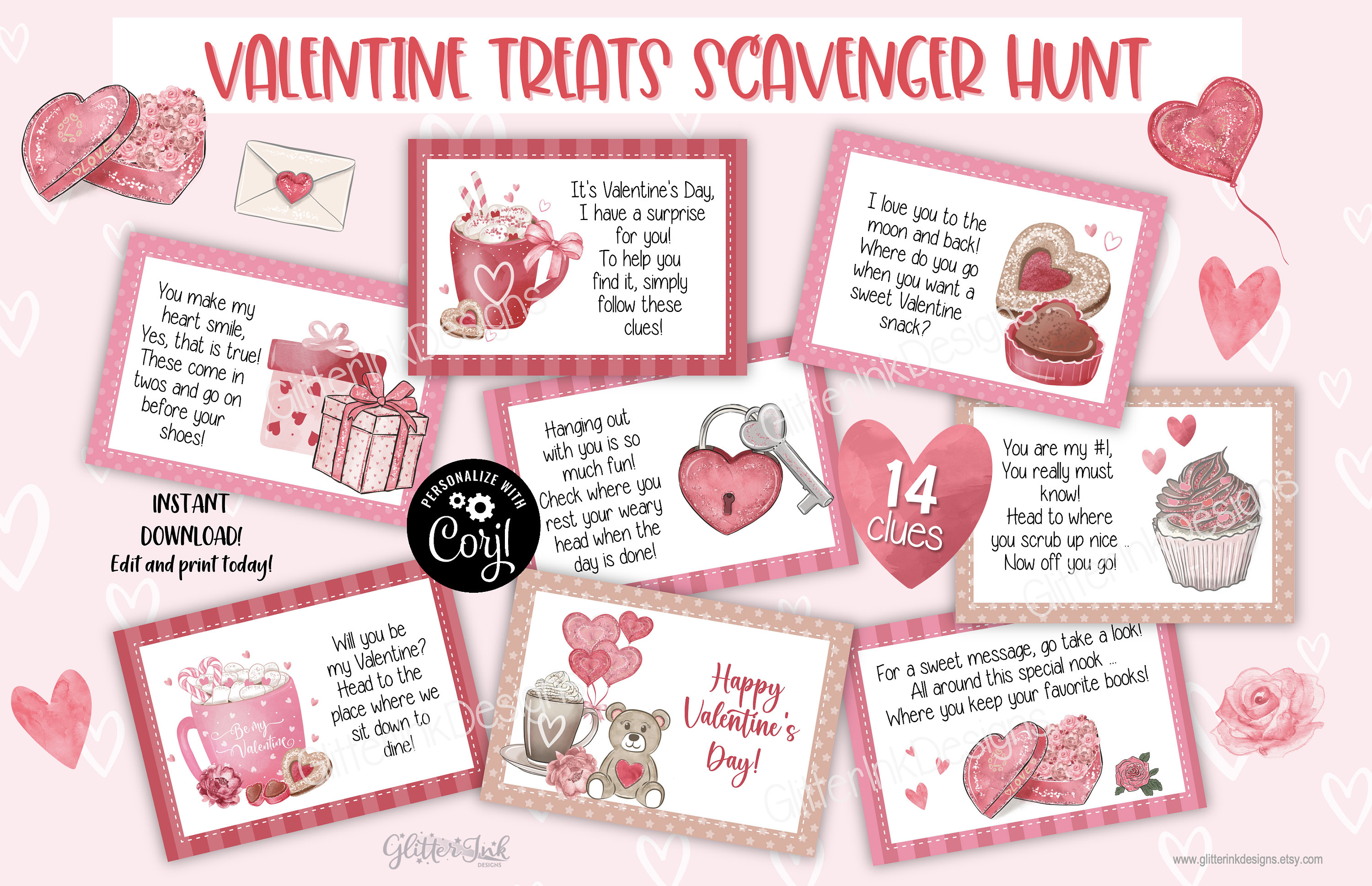 Valentine's Day Scavenger Hunt Clue Cards / Valentines Day