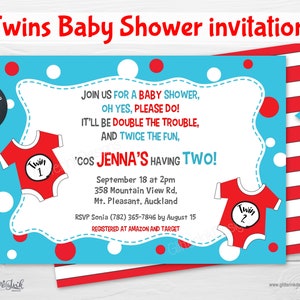 Twins baby shower invitation / Baby shower boy / Baby shower girl invitation / Double the trouble twice the fun printable invitation