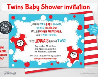 Twins baby shower invitation / Baby shower boy / Baby shower girl invitation / Double the trouble twice the fun printable invitation