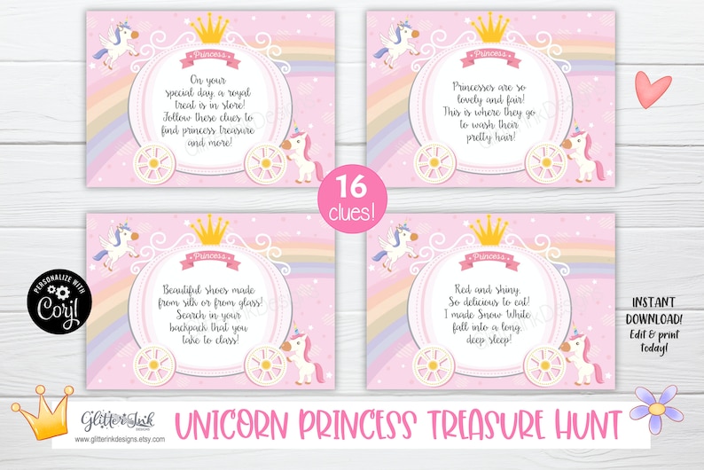 May include: A set of 4 pink and white printable cards with a unicorn and carriage design. The cards have a pink background with a rainbow and glitter. The text on the cards reads "Unicorn Princess Treasure Hunt" and includes clues for a treasure hunt.  The cards are designed for a unicorn princess themed party.