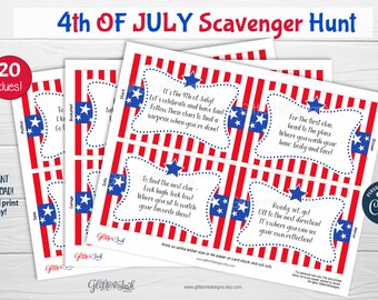 4th of July scavenger hunt clue cards / Fourth of July treasure hunt clues for kids / Independence Day barbecue patriotic party games