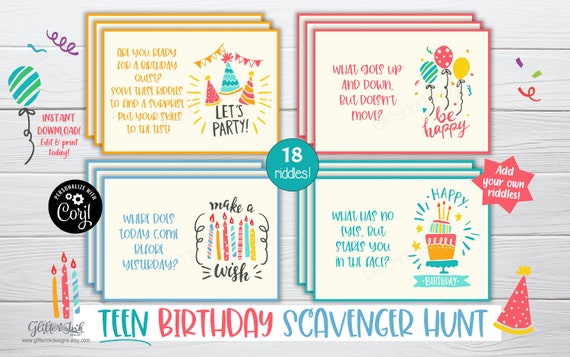 Teenager Birthday scavenger hunt riddles / Teen tween treasure hunt clues / Indoor outdoor kids party games printable Il_570xn