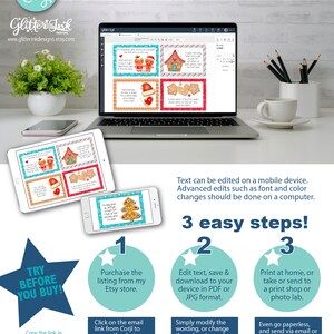 May include: A digital screen displaying a gingerbread house and gingerbread people on a white background. The text on the screen reads "It's a jolly day!" and "What were we making?" The text "Edit, Download and Print Today" is displayed in a blue banner at the top of the image. The text "3 easy steps!" is displayed in a blue banner at the bottom of the image. The text "Try Before You Buy!" is displayed in a red star shape. The text "Personalize with Corjl" is displayed in a blue circle with a gear icon. The text "GlitterInk Designs" is displayed in a blue banner at the bottom of the image.