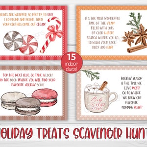 Pode incluir: Um conjunto de 15 pistas de ca&ccedil;a ao tesouro de Natal imprim&iacute;veis com ilustra&ccedil;&otilde;es de bengalas de doces, macarons, chocolate quente e paus de canela. O texto nos cart&otilde;es diz "Ca&ccedil;a ao tesouro de guloseimas de Natal".