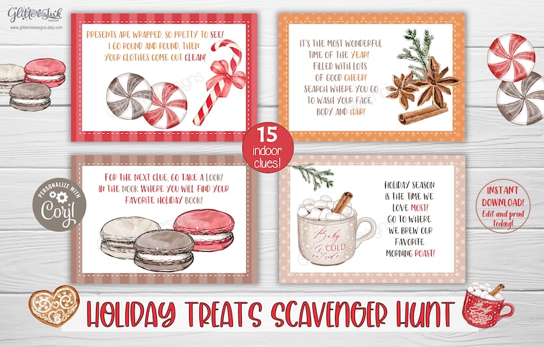 Pode incluir: Um conjunto de 15 pistas de ca&ccedil;a ao tesouro de Natal imprim&iacute;veis com ilustra&ccedil;&otilde;es de bengalas de doces, macarons, chocolate quente e paus de canela. O texto nos cart&otilde;es diz "Ca&ccedil;a ao tesouro de guloseimas de Natal".