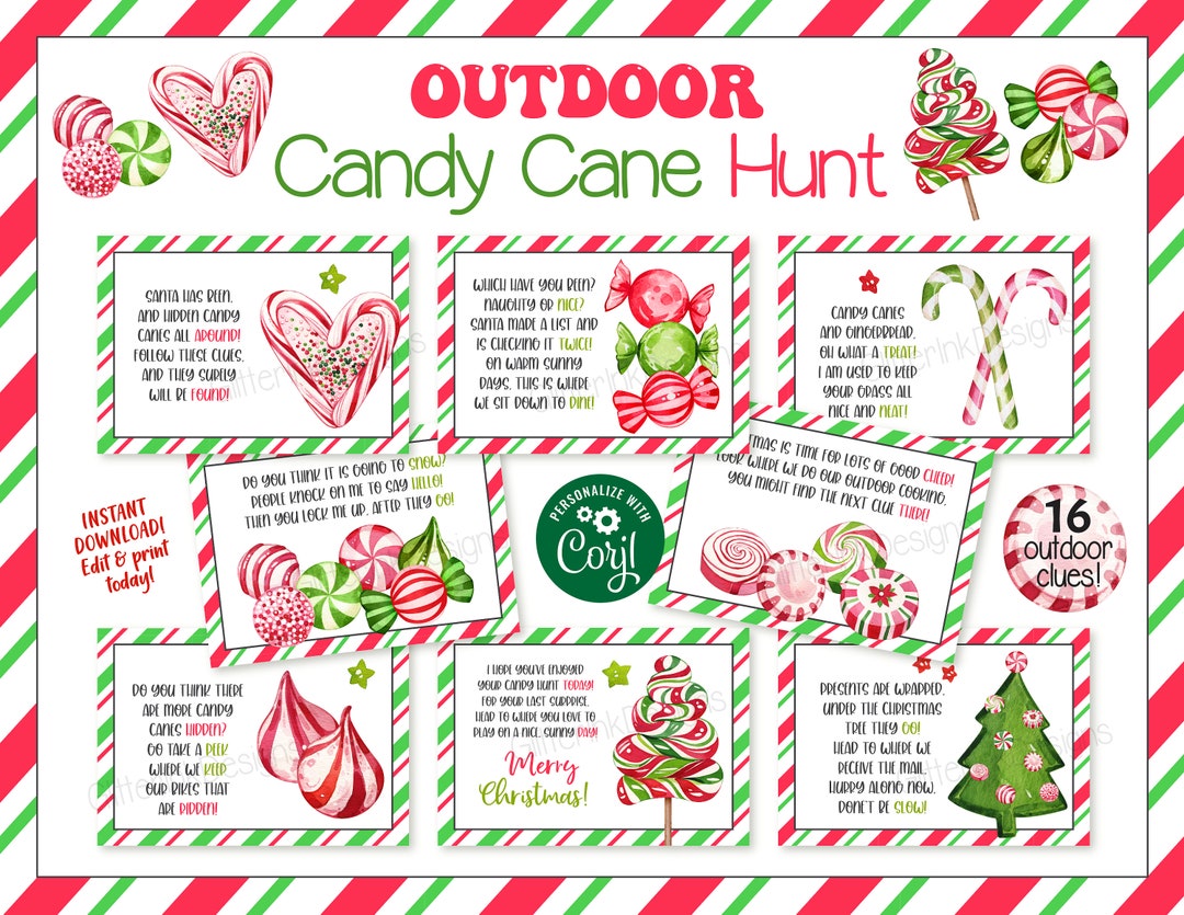 Outdoor Candy Cane Hunt / Christmas Scavenger Hunt / Christmas Kids Treasure Hunt Clues