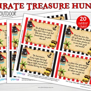 May include: Printable pirate treasure hunt game with 20 clues. The clues are written on parchment paper with a pirate ship and treasure chest illustration. The game is designed for outdoor use.