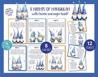 Hanukkah gnomes scavenger hunt clues, Jewish Festival of Lights 8 days of Chanukah surprise gift cards