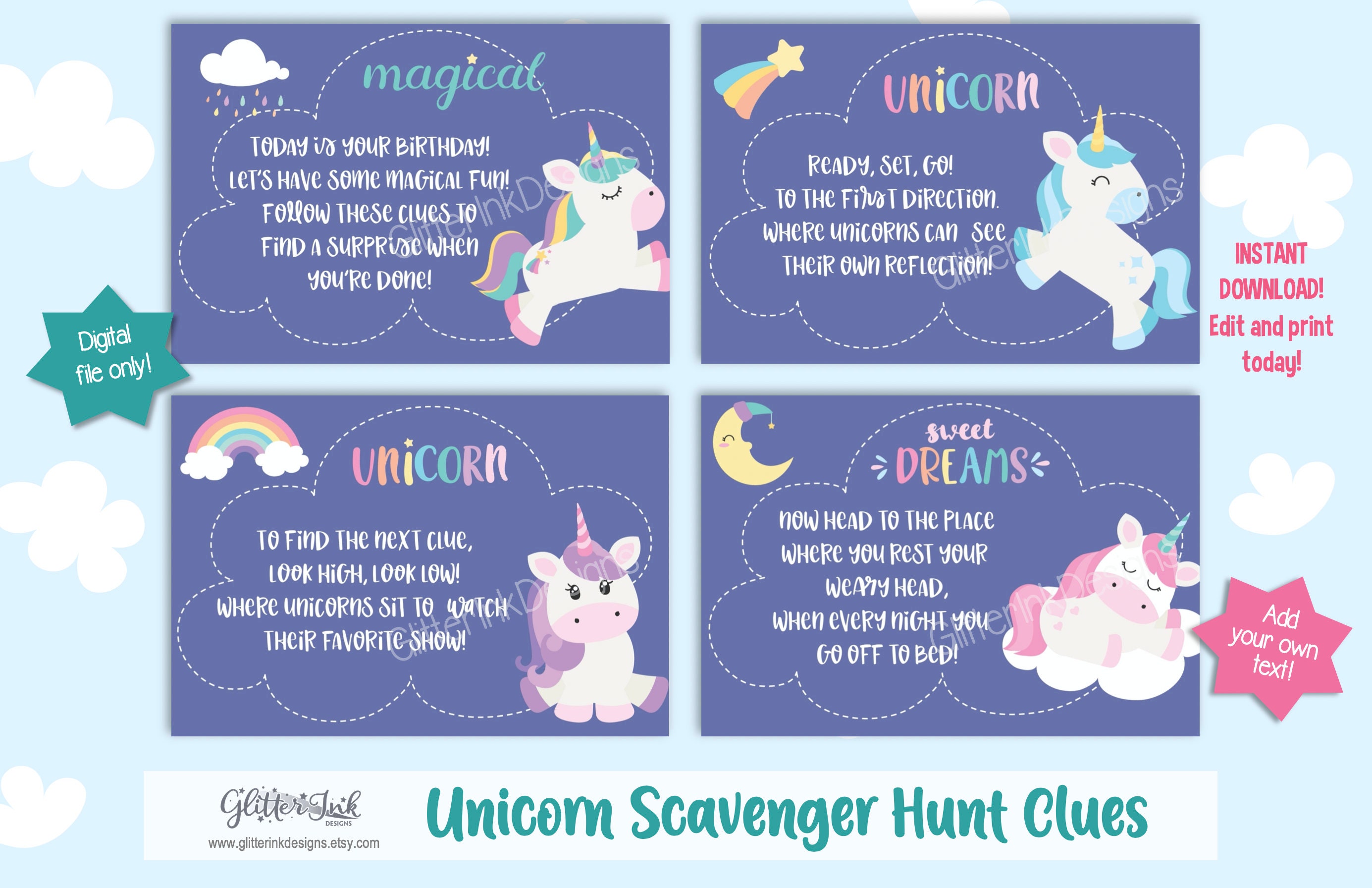 unicorn scavenger hunt clue cards unicorn treasure hunt etsy