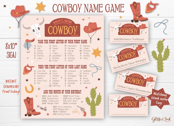 What's your Cowboy name printable party game, Wild West Space Cowboys birthday rodeo name generator sign, tags and cards - instant download