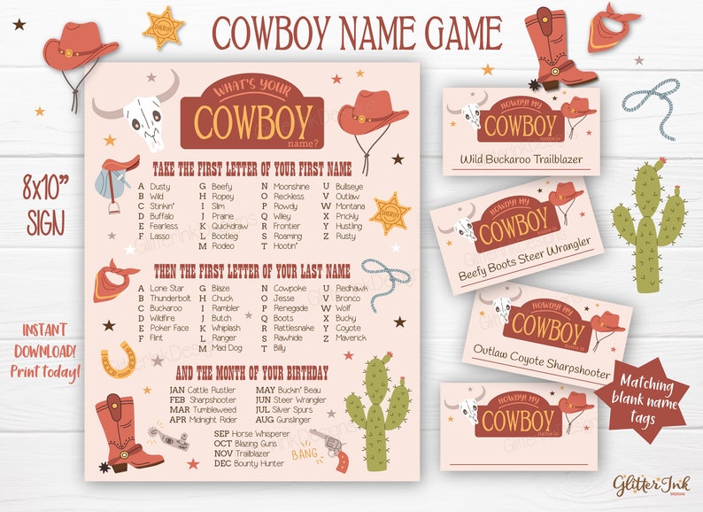 May include: A printable cowboy name game with a pink background and a skull and crossbones design. The game includes a list of names and a corresponding cowboy title based on the first letter of the name and the month of birth. The game also includes four printable name tags with a cowboy theme.