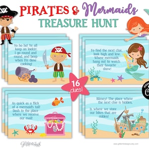 Mermaid and pirate treasure hunt / Mermaid party scavenger hunt clue cards / Pirate party treasure chest hunt clues / Party games for kids image 2